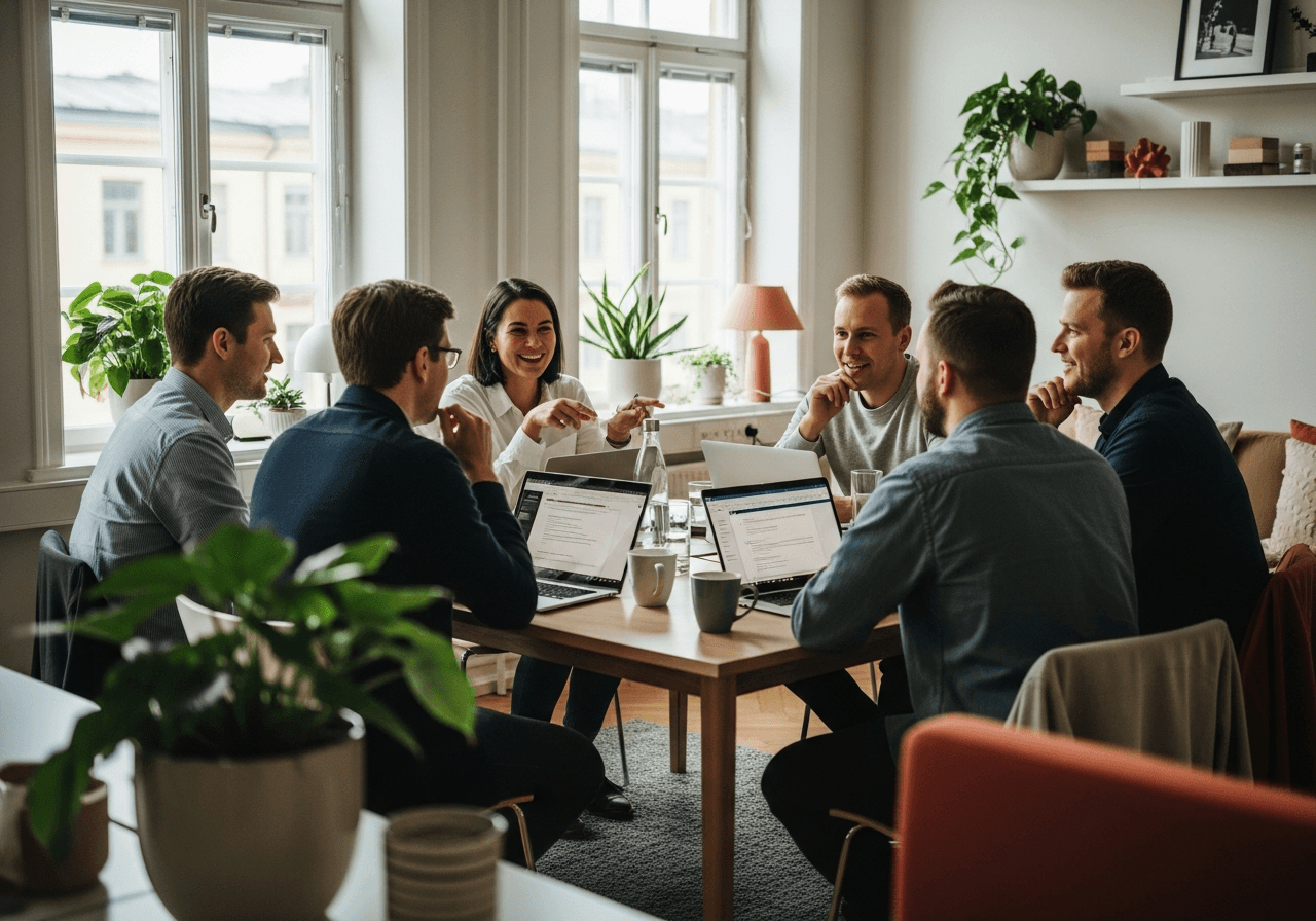 A small team collaborating around a table in a bright Stockholm office